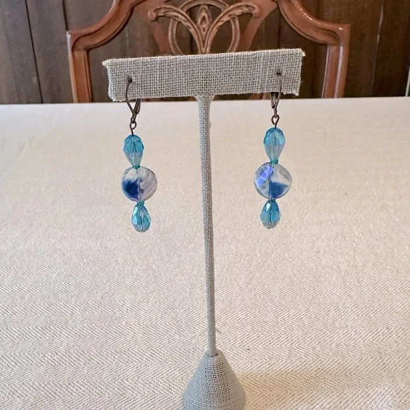 Handmade Antique Copper Teal Blue Green Glass Long Boho Earrings Leverback - Picture 1 of 10